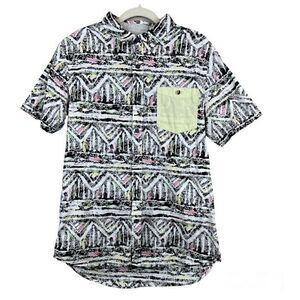 Modern Amusement casual Button Down Pocket Short Sleeve geometric print Shirt -S